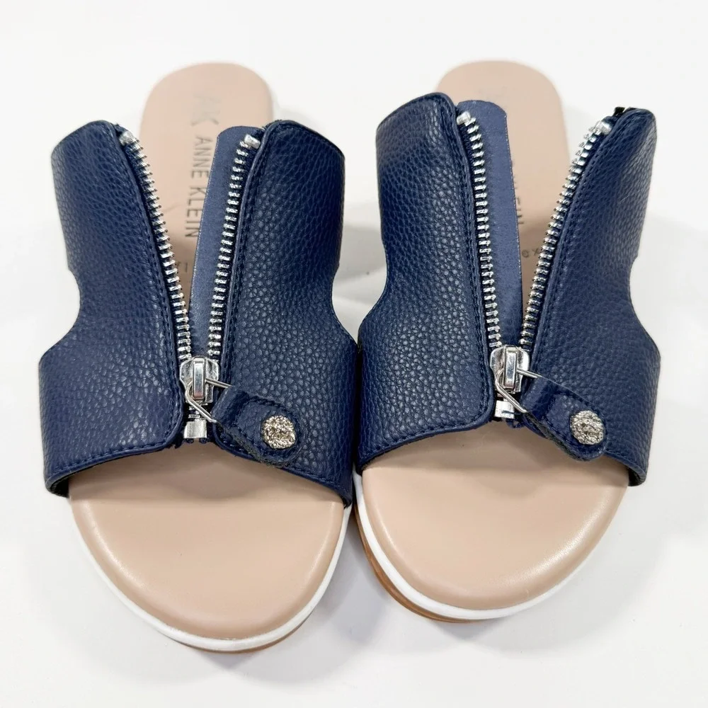 Anne Klein Women's Sandals iFlex Navy Blue‎ Zip Front Slide Shoes Size 7M